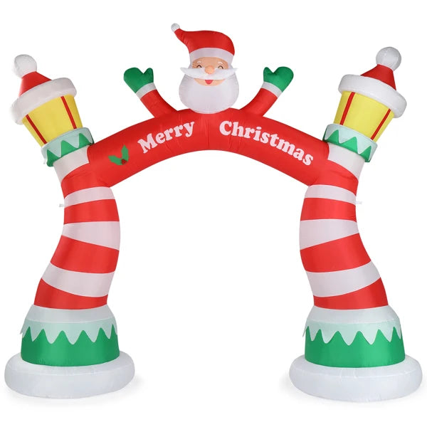 Lighted Christmas inflatable archway featuring Santa, red and white stripes, and festive lanterns