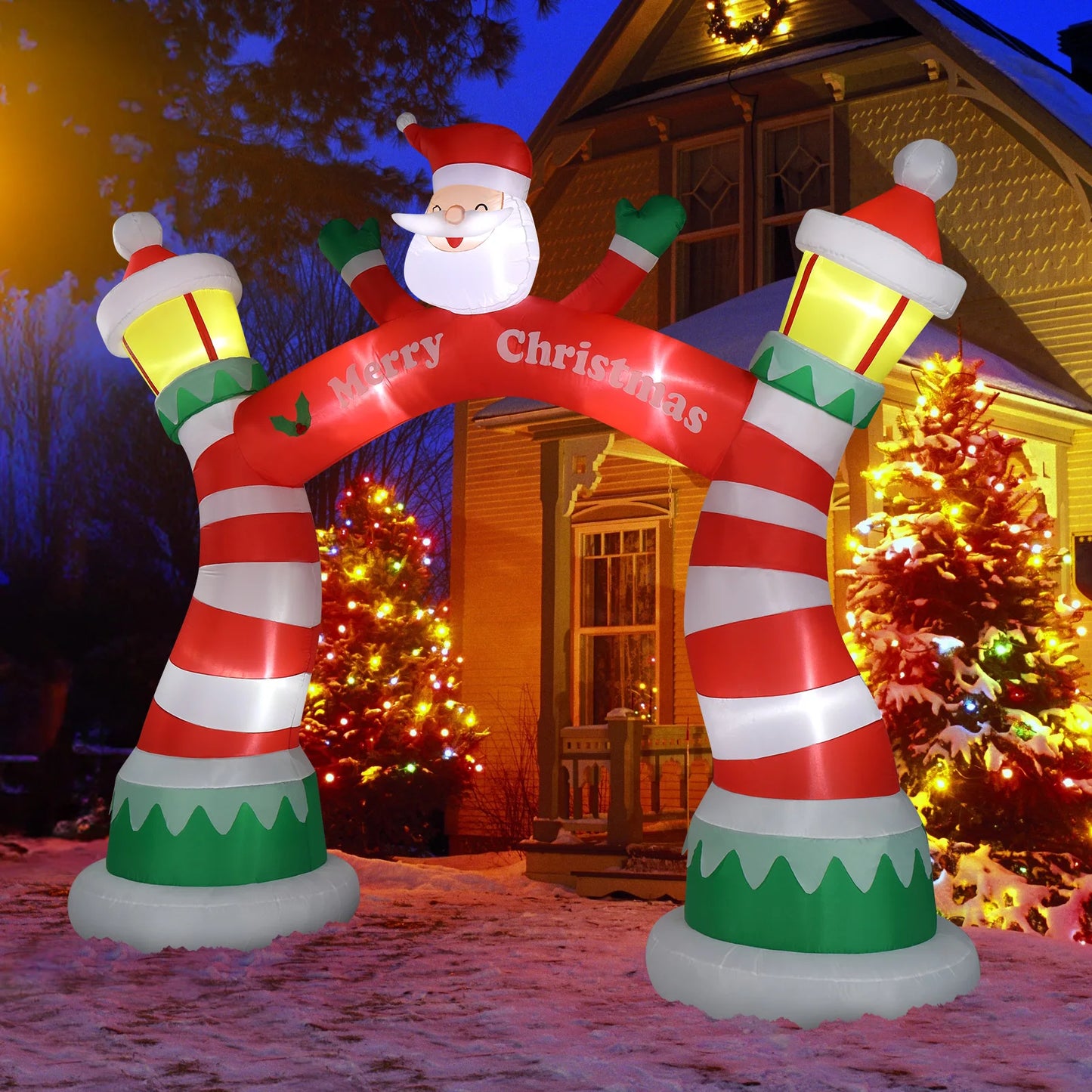 Lighted Christmas inflatable archway featuring Santa and festive striped design for holiday decorations