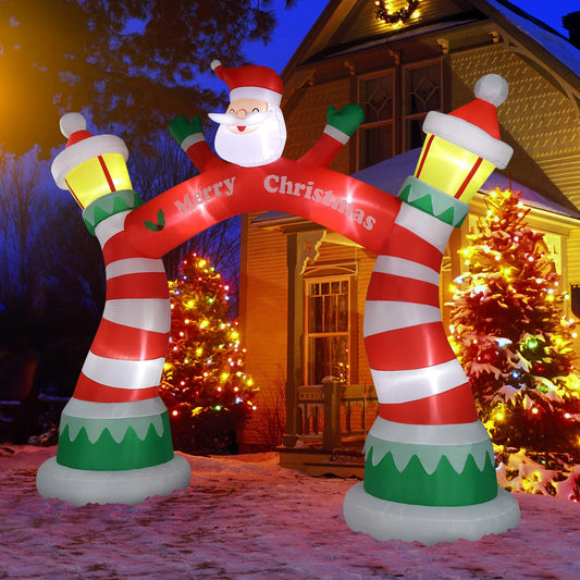 Lighted Christmas inflatable archway featuring Santa and festive striped design for holiday decorations