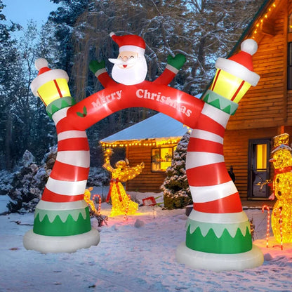 Lighted Christmas inflatable archway featuring Santa and festive decorations for holiday displays
