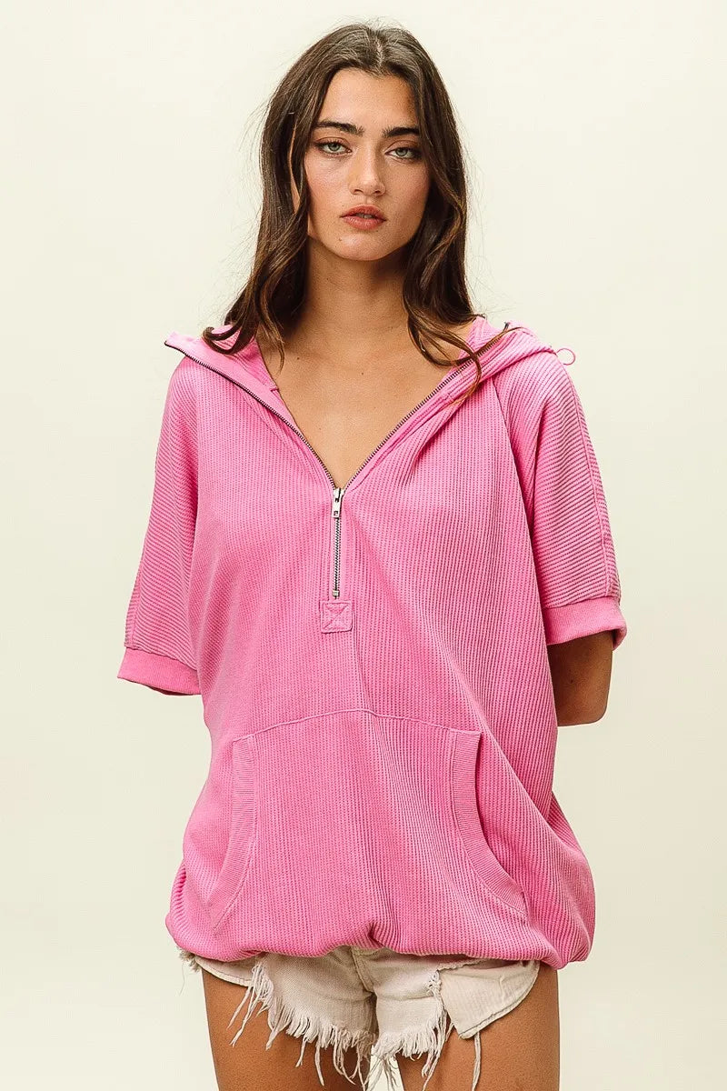 vintage washed waffle hoodie in pink with short sleeves and front pocket