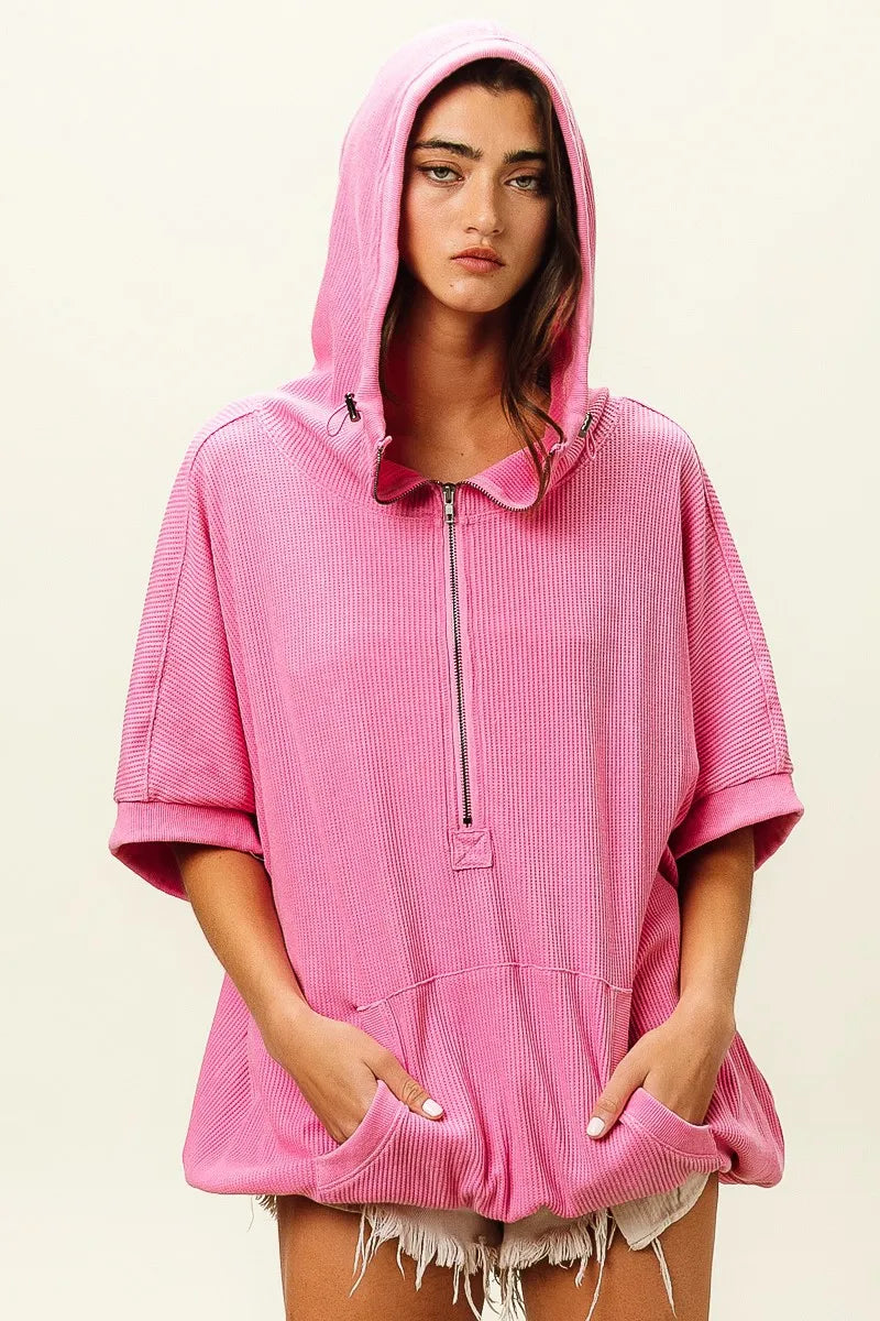 Trendsi vintage washed waffle hoodie in pink with zip closure and oversized pockets