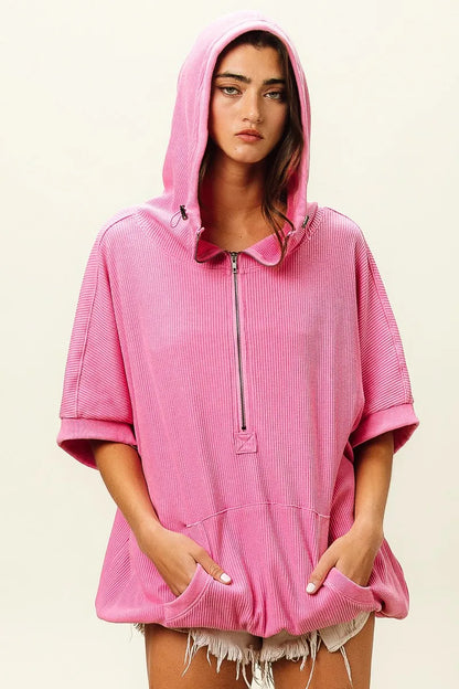 Trendsi vintage washed waffle hoodie in pink with zip closure and oversized pockets