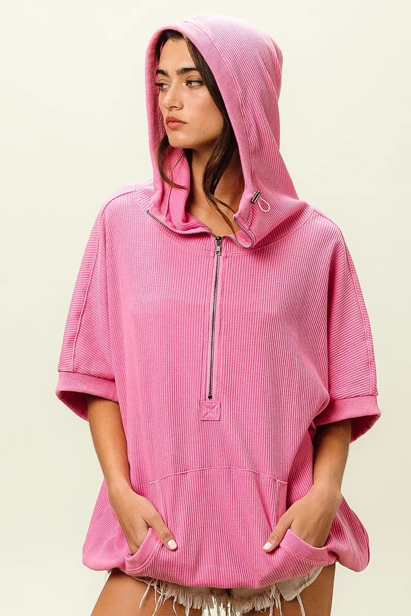 Trendsi vintage washed waffle hoodie in pink with a half-zip and oversized design
