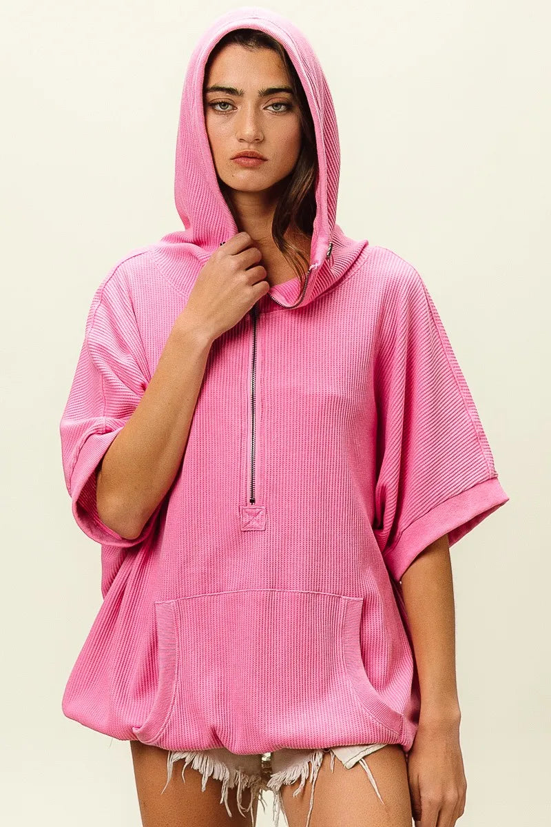 Trendsi vintage washed waffle hoodie in pink with a relaxed fit and front pocket