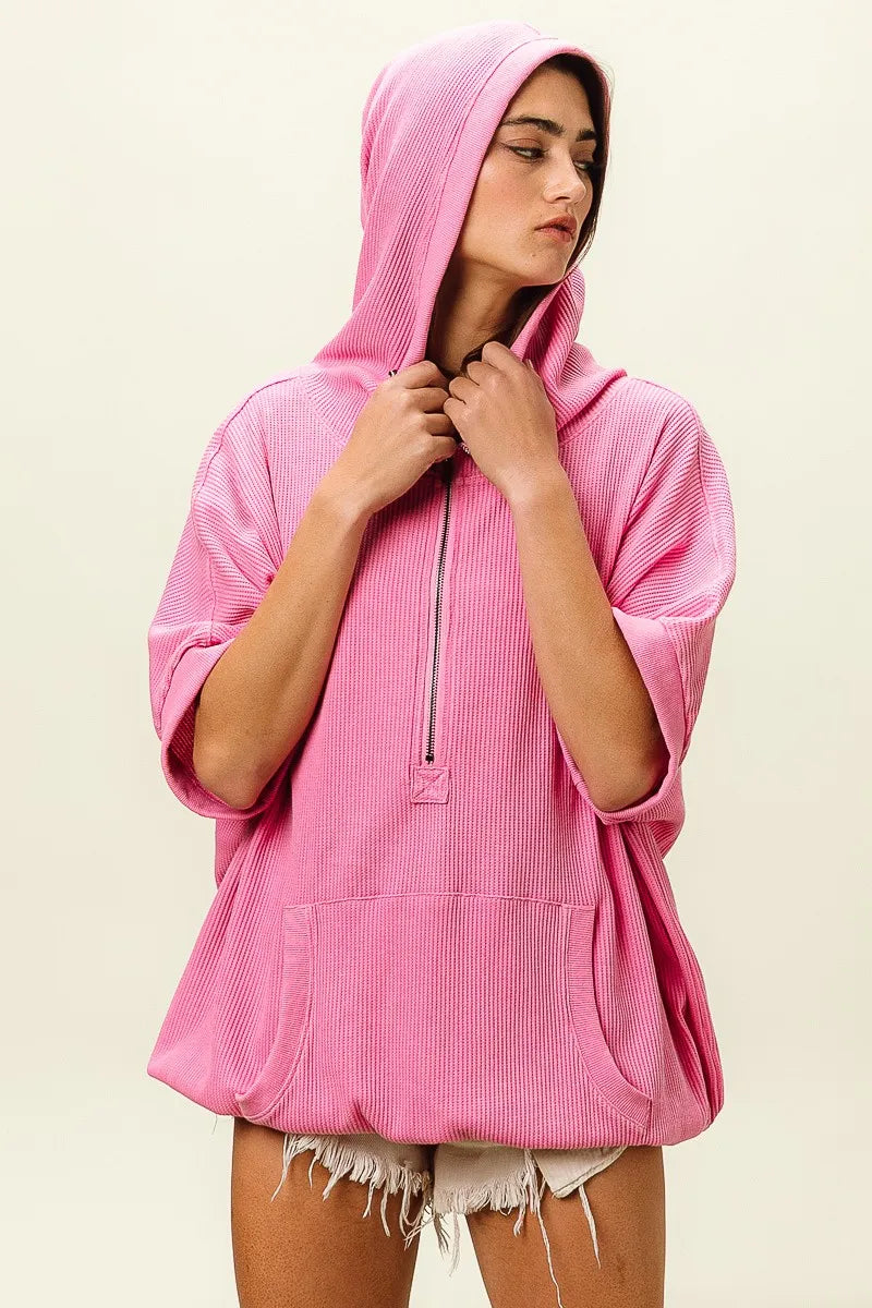 Trendsi vintage washed waffle hoodie in pink with a zip front and oversized fit for a stylish look