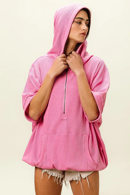 Trendsi vintage washed waffle hoodie in pink with a zip front and oversized fit for a stylish look