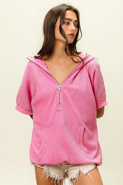 Trendsi vintage washed waffle hoodie in pink with short sleeves and front pocket