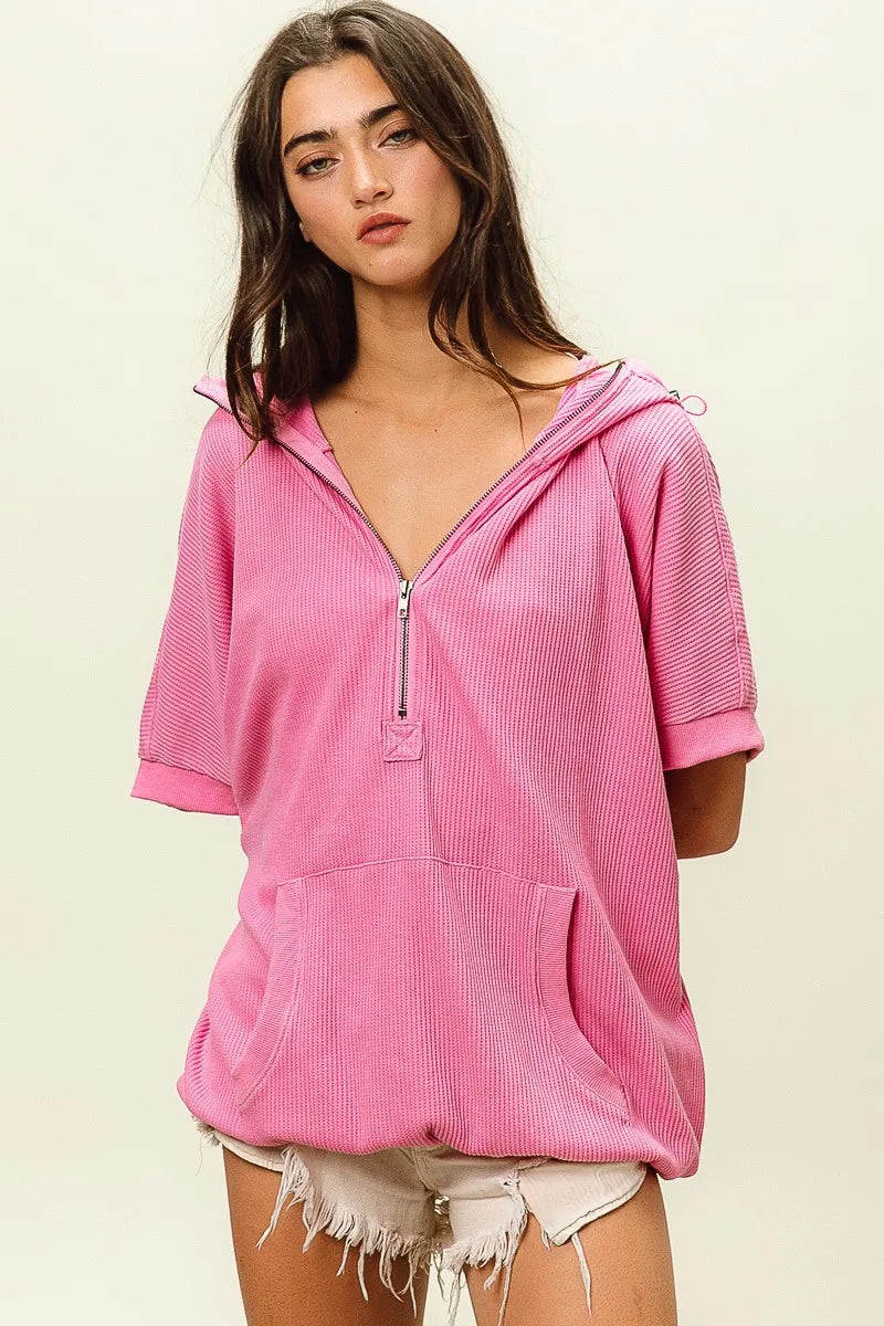 Trendsi vintage washed waffle hoodie in pink with half zip and front pocket for casual style