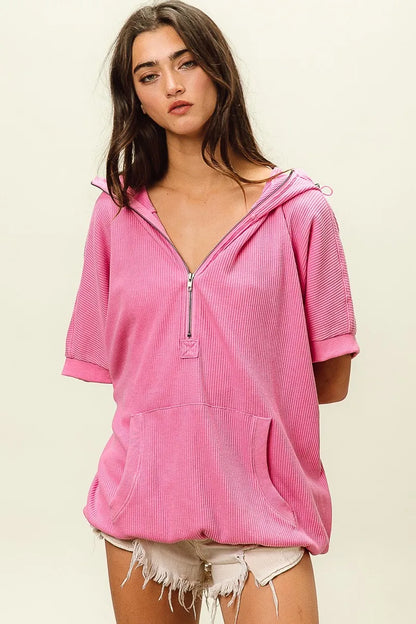 Trendsi vintage washed waffle hoodie in pink with half zip and front pocket for casual style