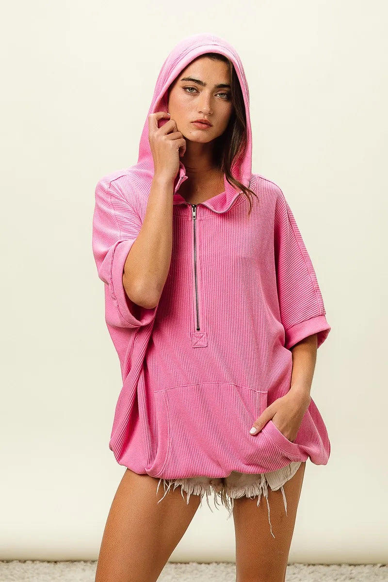 Trendsi vintage washed waffle hoodie in pink with a front pocket and zip-up collar