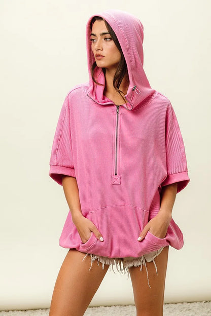 Trendsi vintage washed waffle hoodie in pink featuring a zip front and oversized fit with pockets