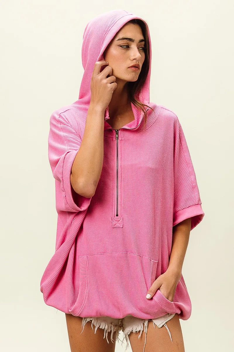 Trendsi vintage washed waffle hoodie in pink with a half-zip and front pocket for a casual look