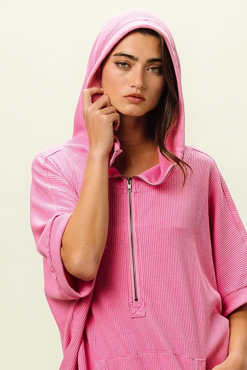 Trendsi vintage washed waffle hoodie in pink with a stylish zippered neckline and relaxed fit