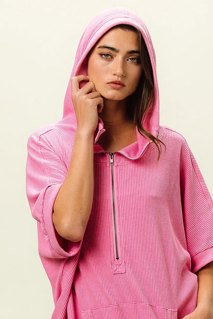 Trendsi vintage washed waffle hoodie in pink with a stylish zippered neckline and relaxed fit