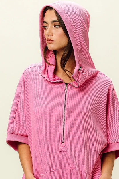 Trendsi vintage washed waffle hoodie in pink with a zip-up front and oversized fit