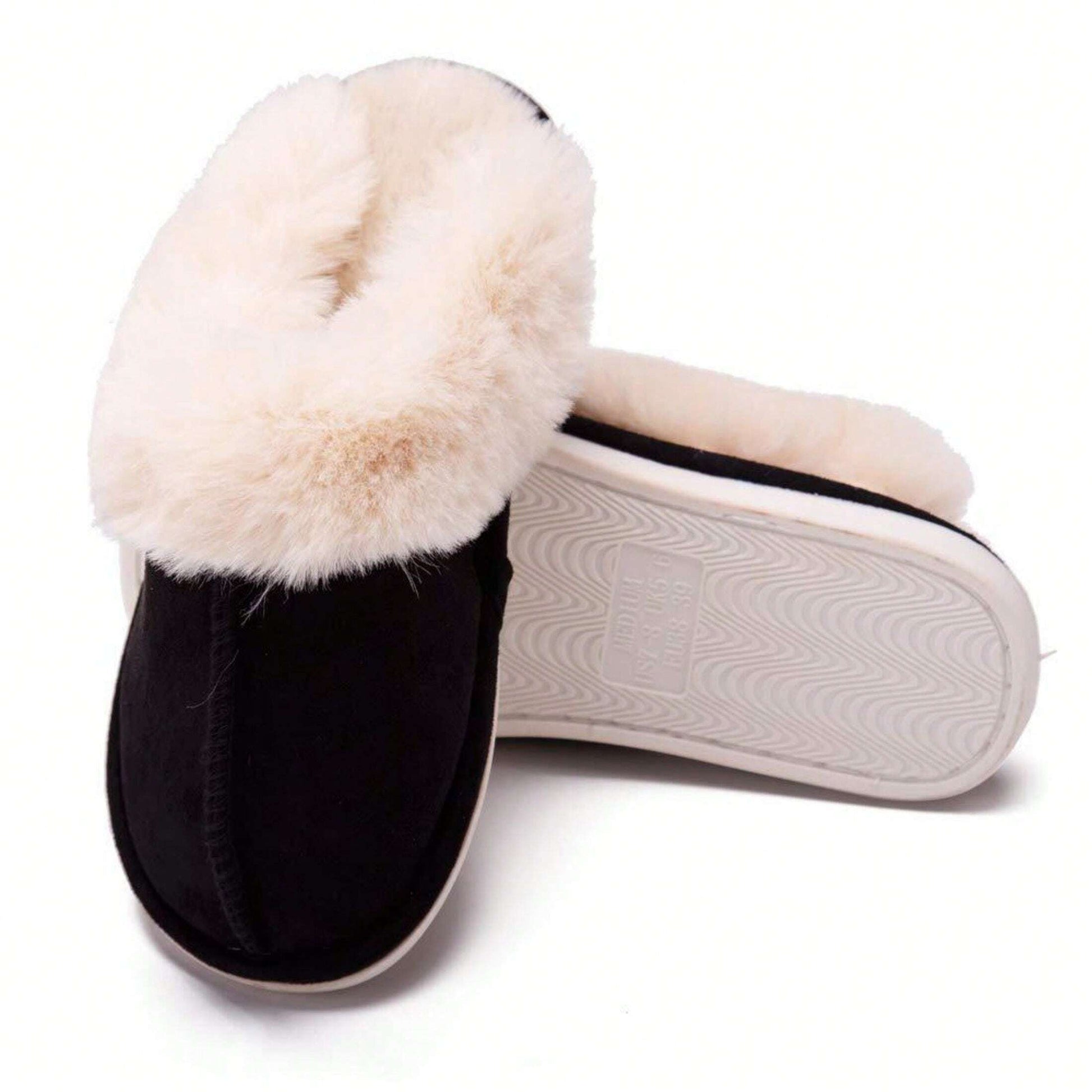 Jumpstudios-BTG womens fluffy soft house slippers in black with cozy faux fur lining