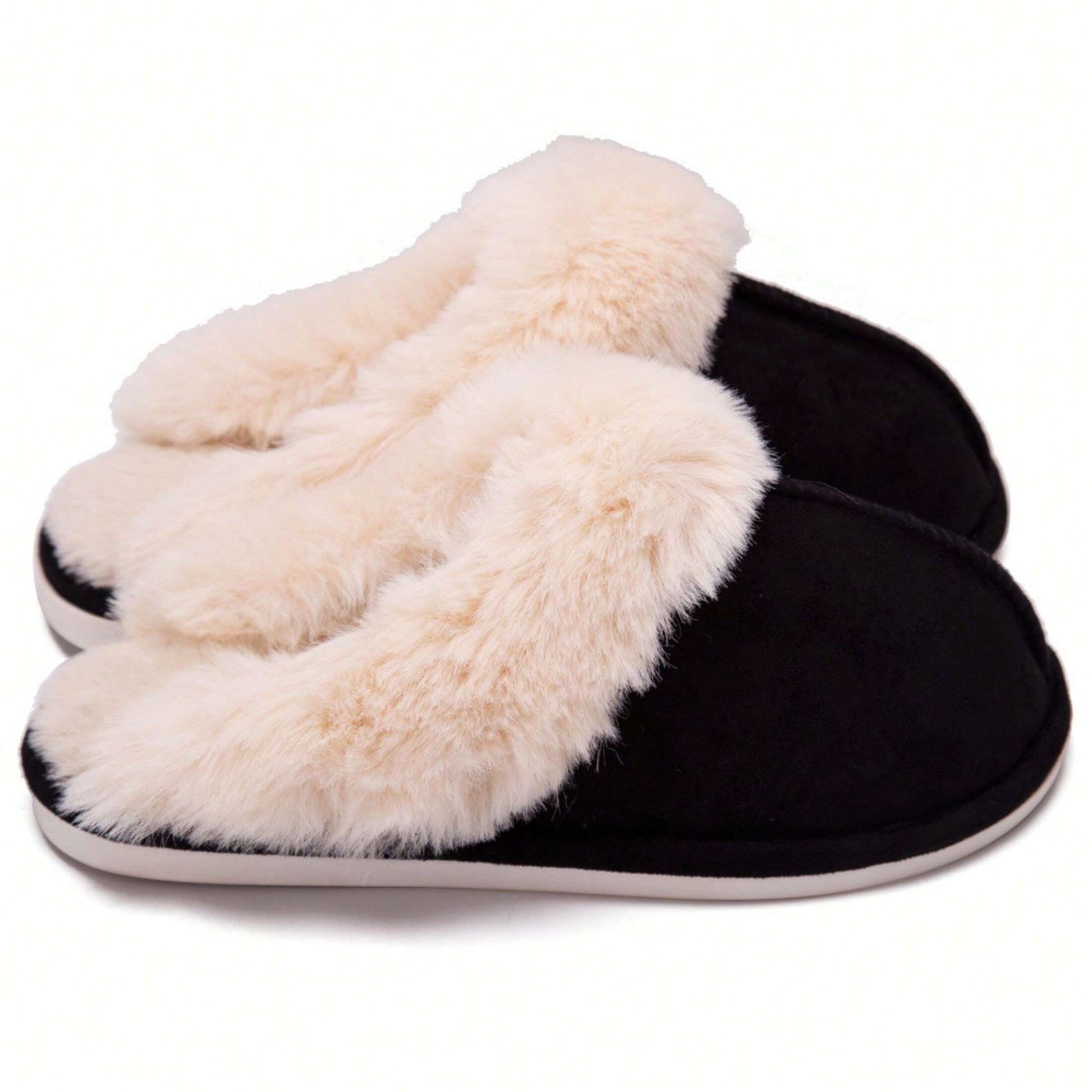 Jumpstudios-BTG womens fluffy soft house slippers in black with faux fur lining for cozy comfort
