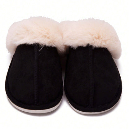 Jumpstudios-BTG womens fluffy soft house slippers in black with faux fur lining for comfort