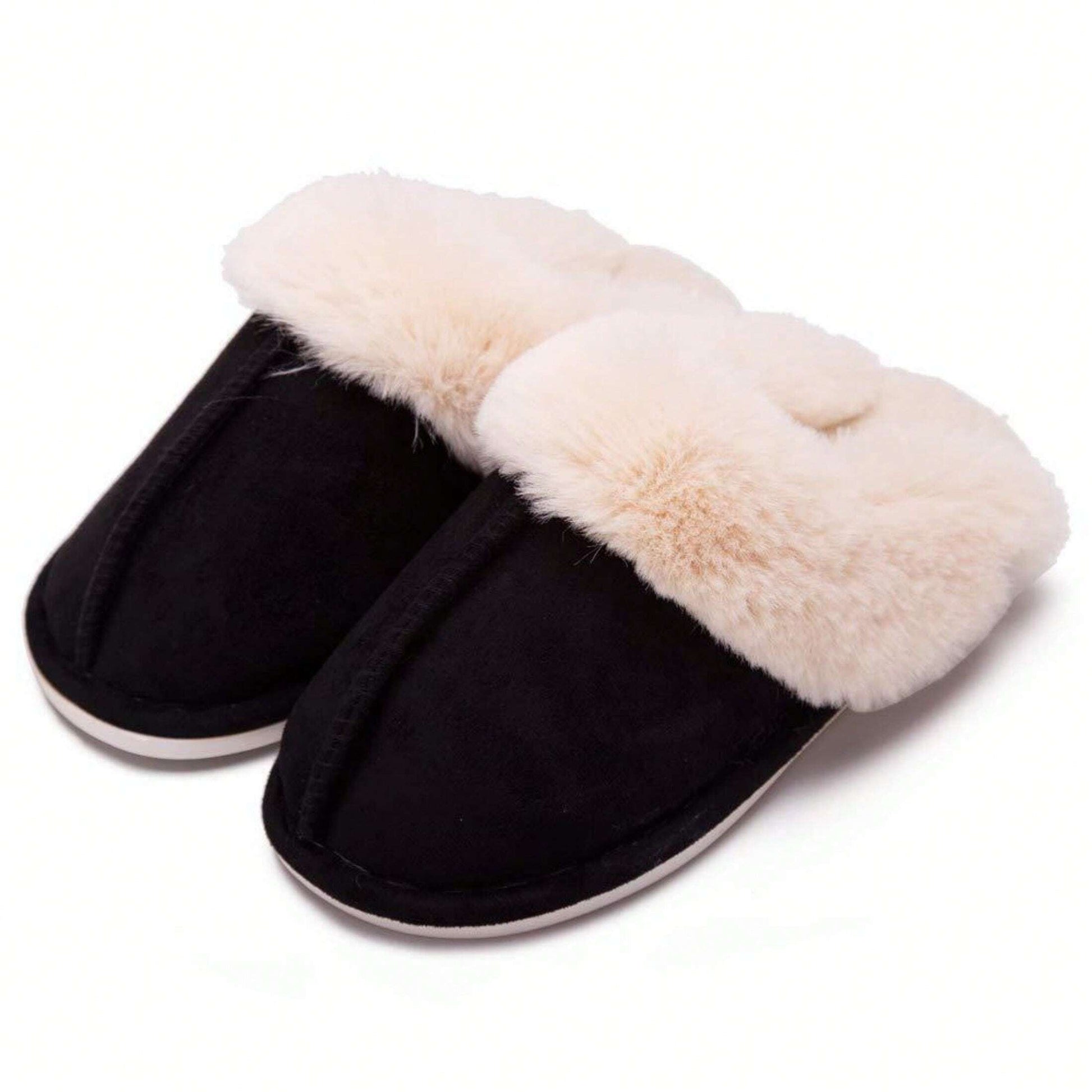 Jumpstudios-BTG womens fluffy soft house slippers in black with cozy fur lining