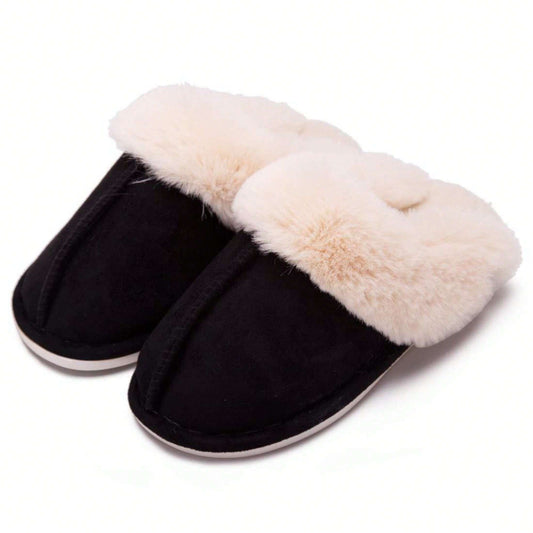 Jumpstudios-BTG womens fluffy soft house slippers in black with cozy fur lining