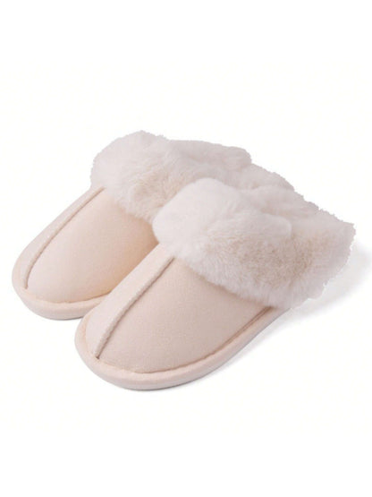 Jumpstudios-BTG womens fluffy soft house slippers in light beige with cozy fur lining