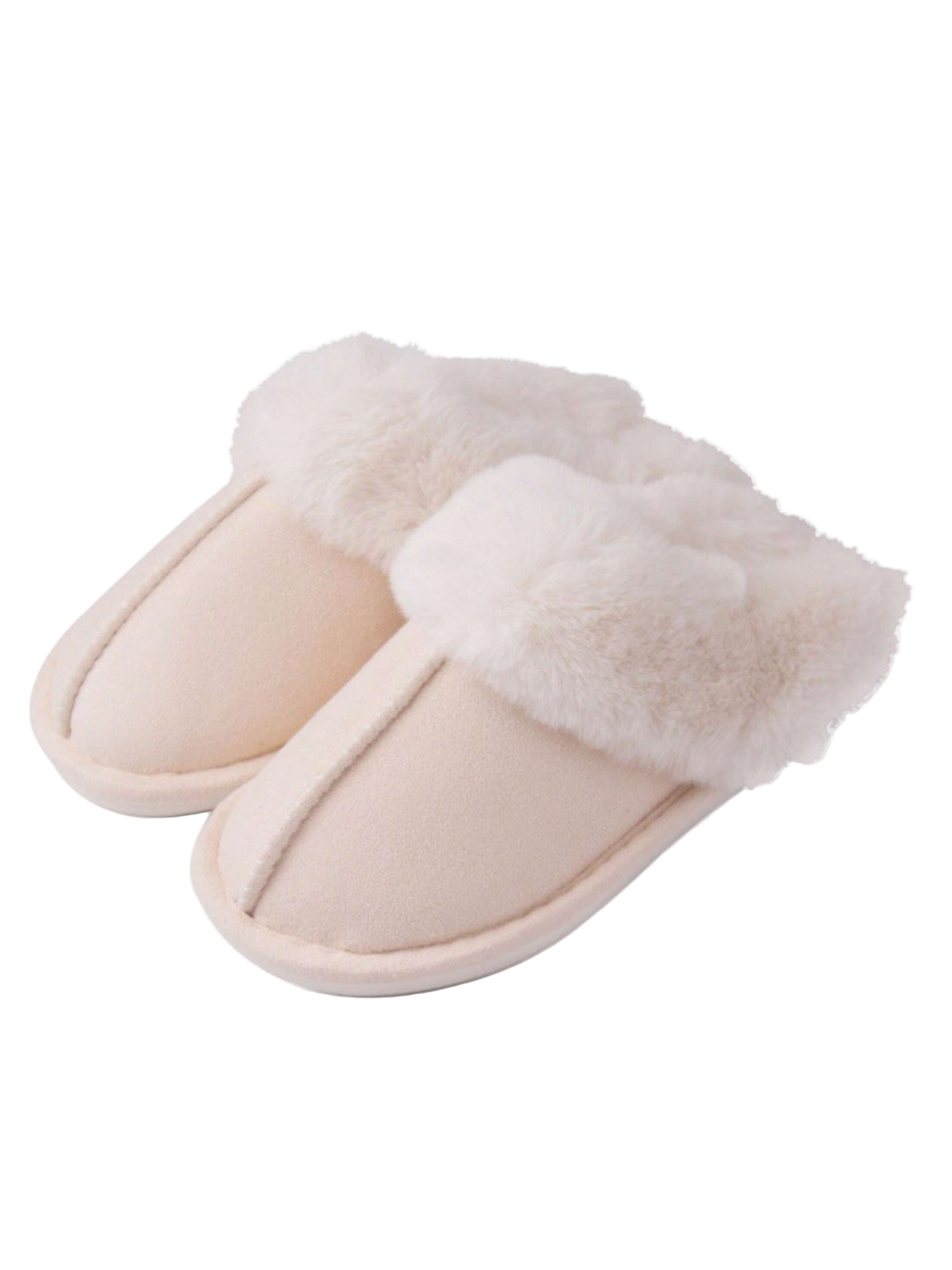 Pair of cream-colored slippers with fur trim on a white background