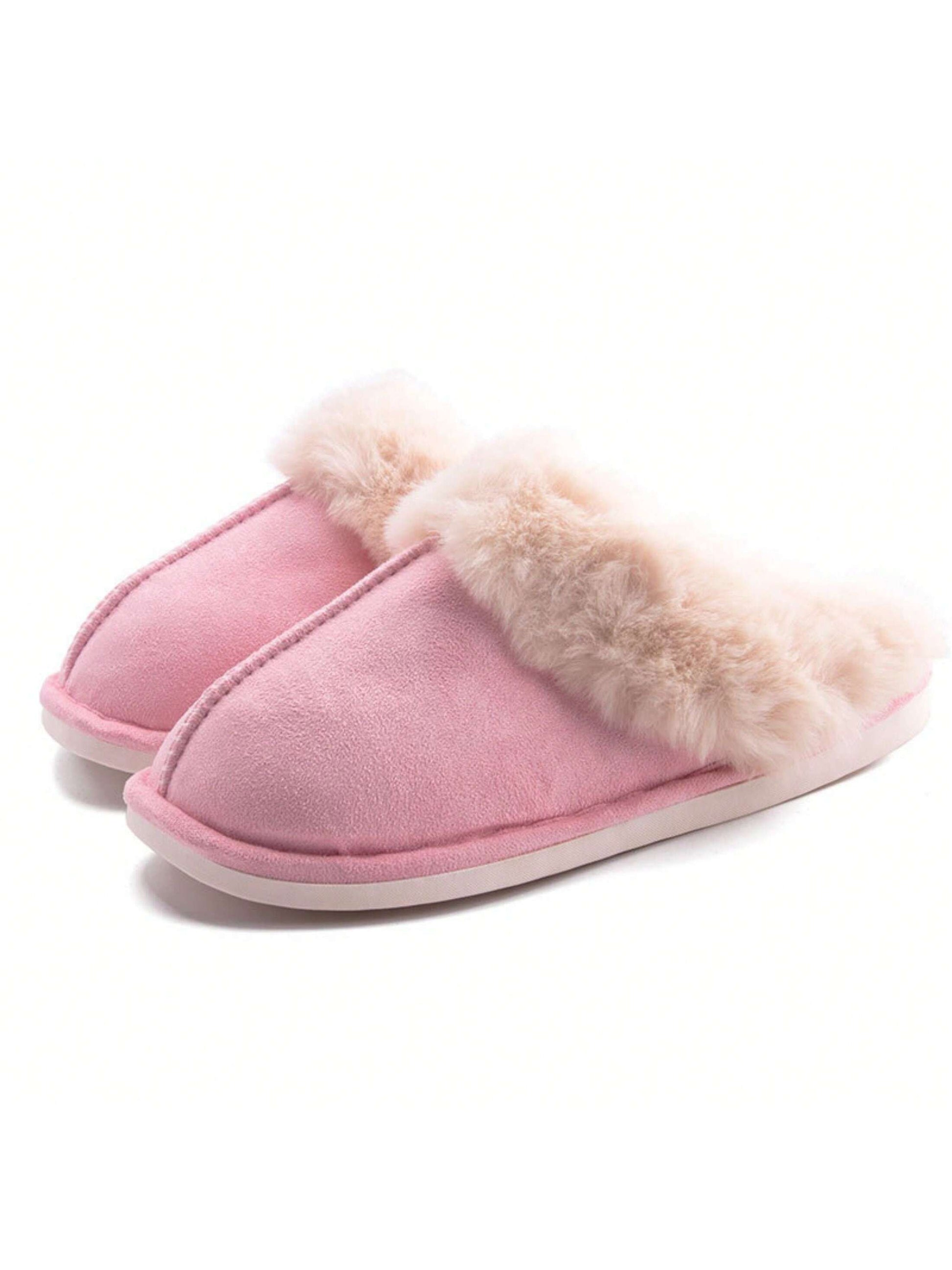 Womens fluffy soft house slippers in pink with plush fur lining for cozy comfort at home