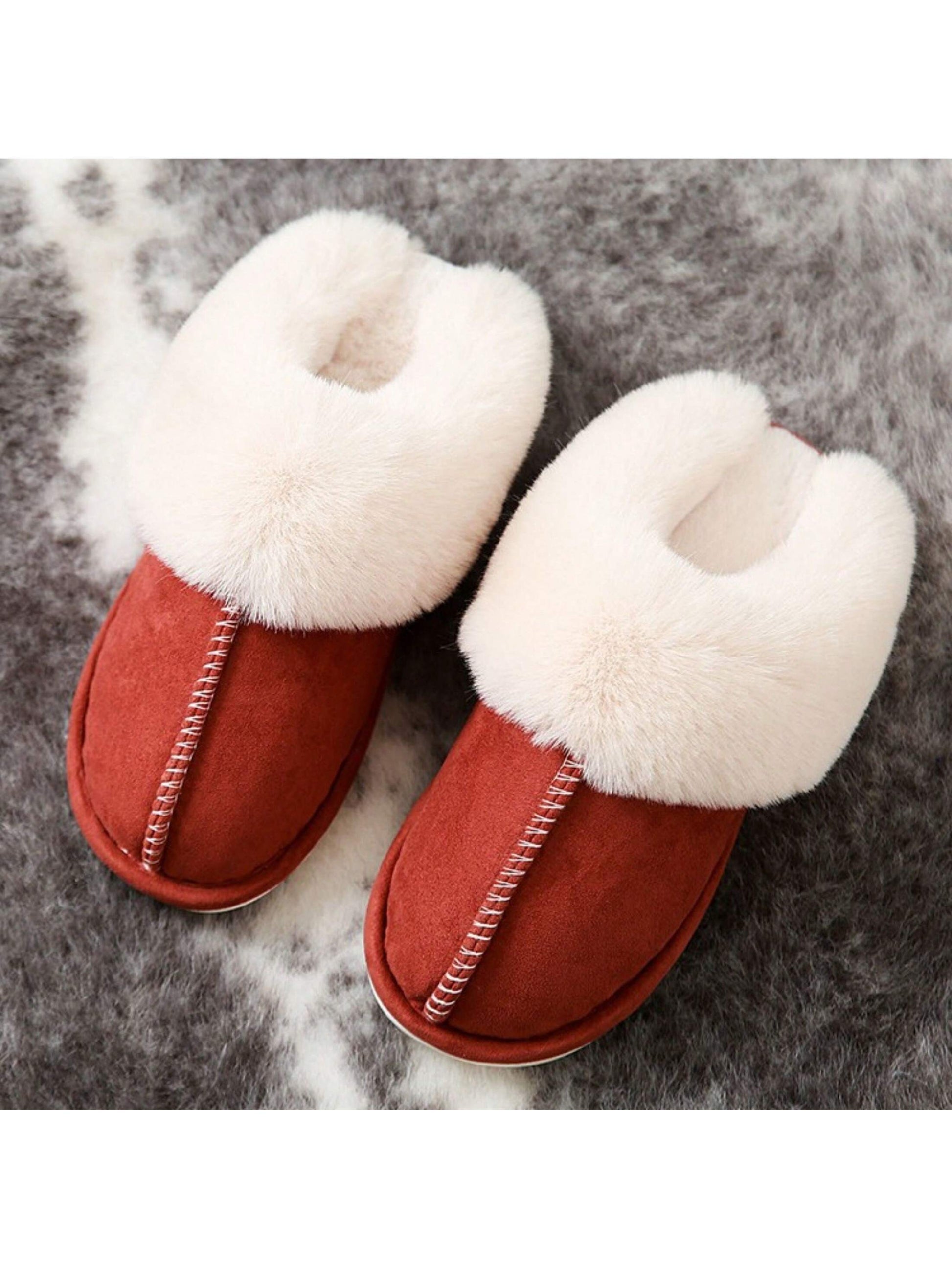 Womens fluffy soft house slippers with faux fur lining in red and white for cozy indoor wear