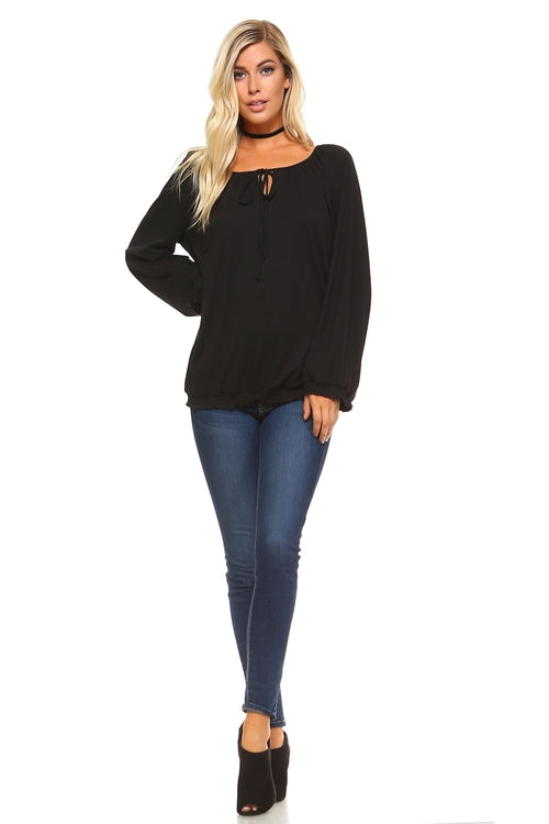 Stylish women's long sleeve peasant top in black, perfect for casual or dressy occasions