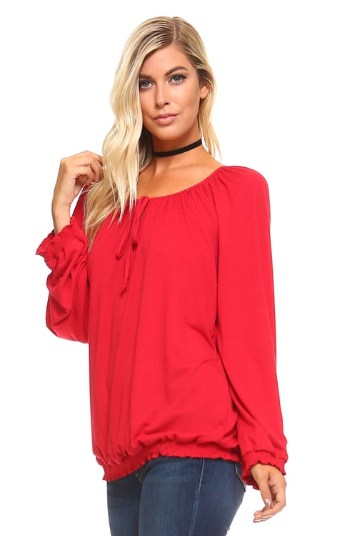 Elegant red women's long sleeve peasant top with a soft elastic hem and playful neckline