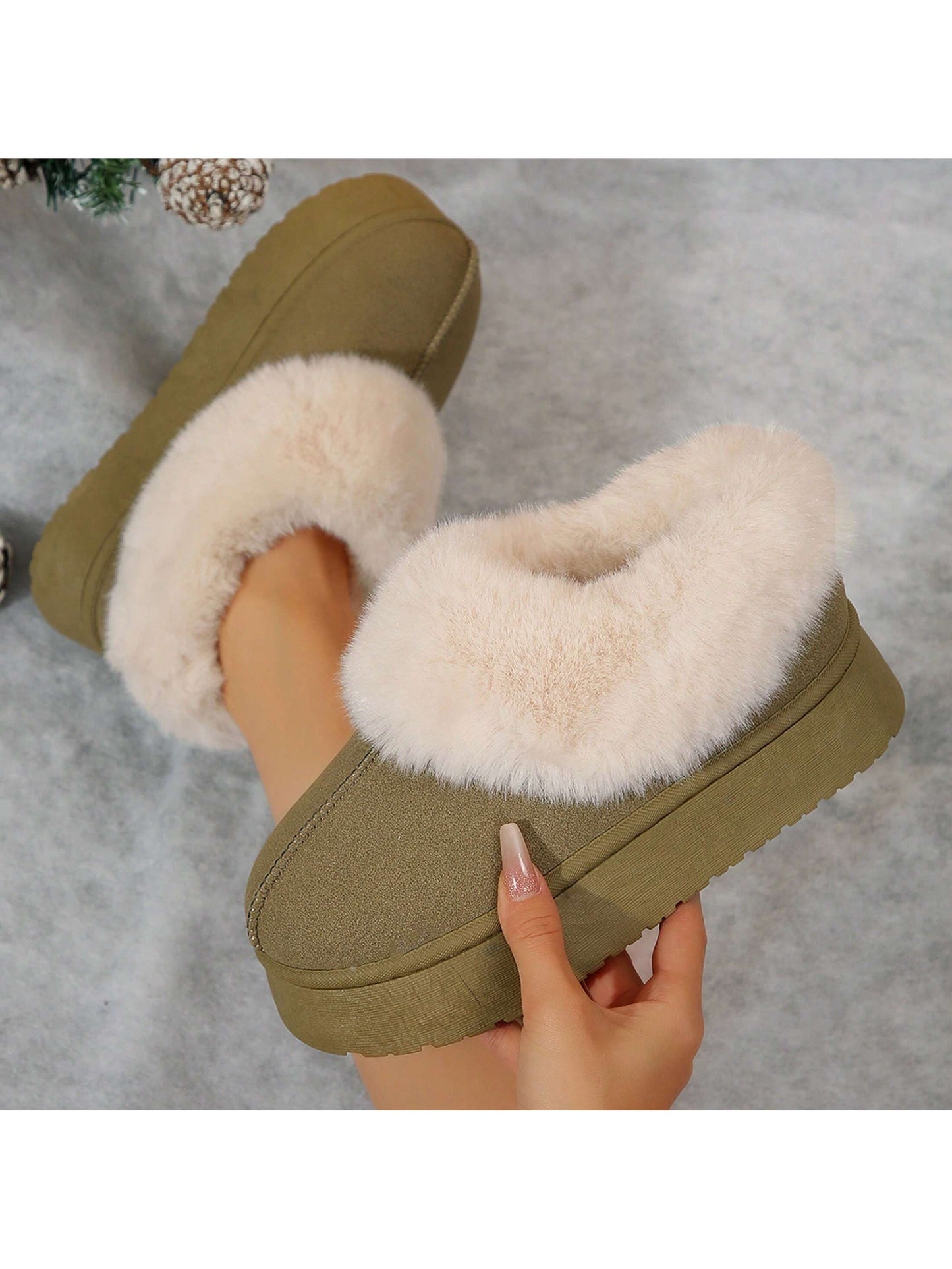 Comfortable womens suede shearling slippers in olive green with plush fur lining for cozy warmth