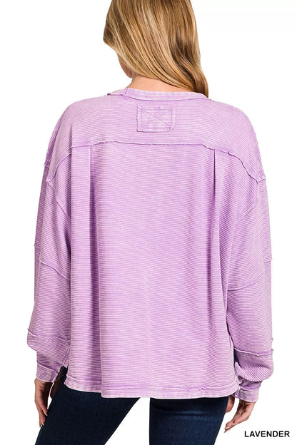 Zenana acid washed sweatshirt in lavender with a relaxed fit for casual comfort