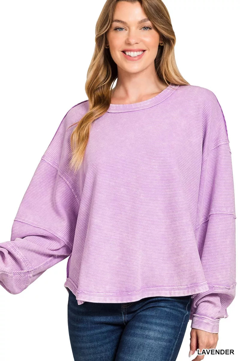 Zenana acid washed sweatshirt in lavender with a relaxed fit and soft texture for casual comfort