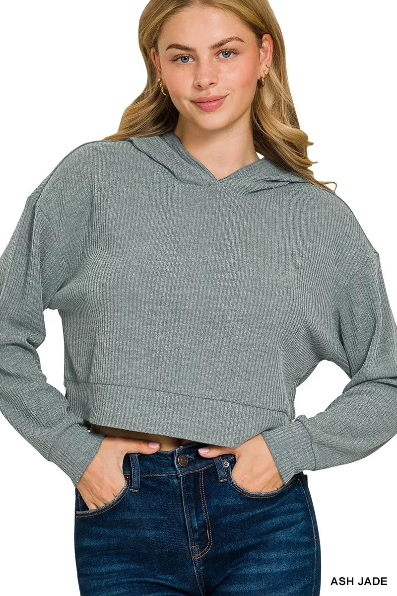 Zenana drop shoulder hoodie in ash jade color with a relaxed fit and cropped design