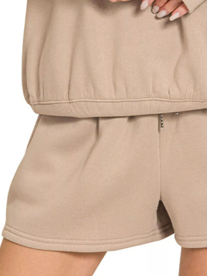 Zenana fleece sweatshirt and shorts set in soft beige, perfect for comfortable loungewear