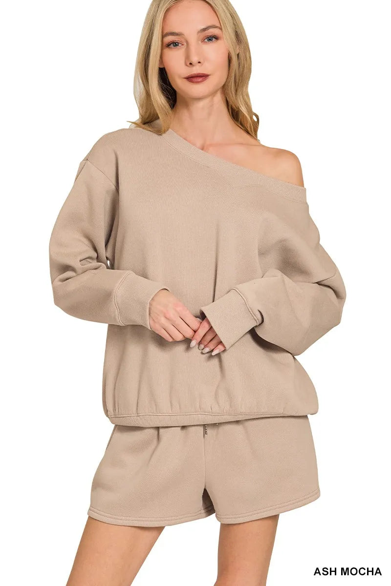 Zenana fleece sweatshirt and shorts set in Ash Mocha with an off-shoulder design for a cozy look
