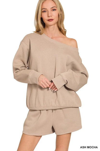 Zenana fleece sweatshirt and shorts set in Ash Mocha with an off-shoulder design for a cozy look