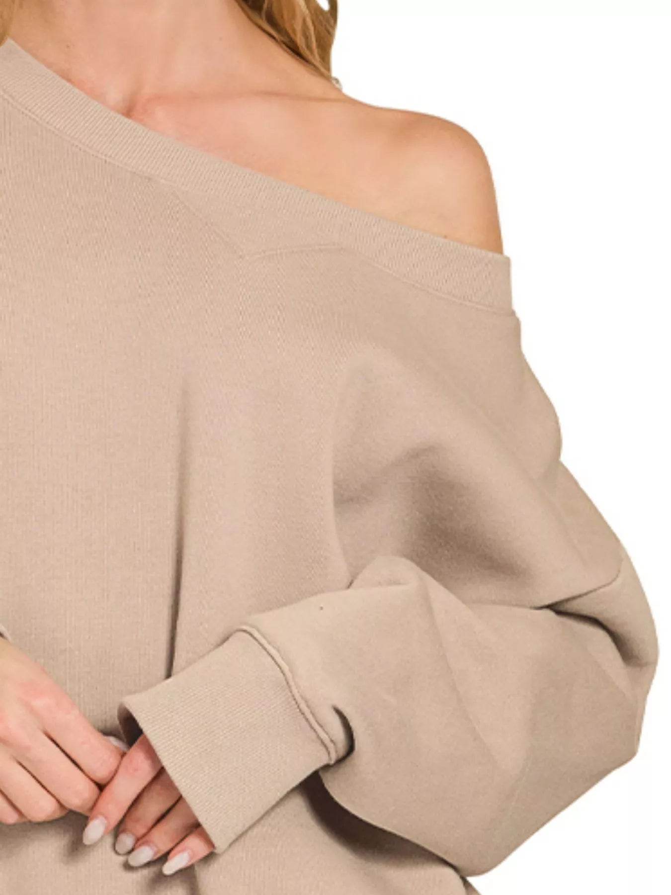 Zenana fleece sweatshirt and shorts set in beige, featuring an off-shoulder design and cozy fabric