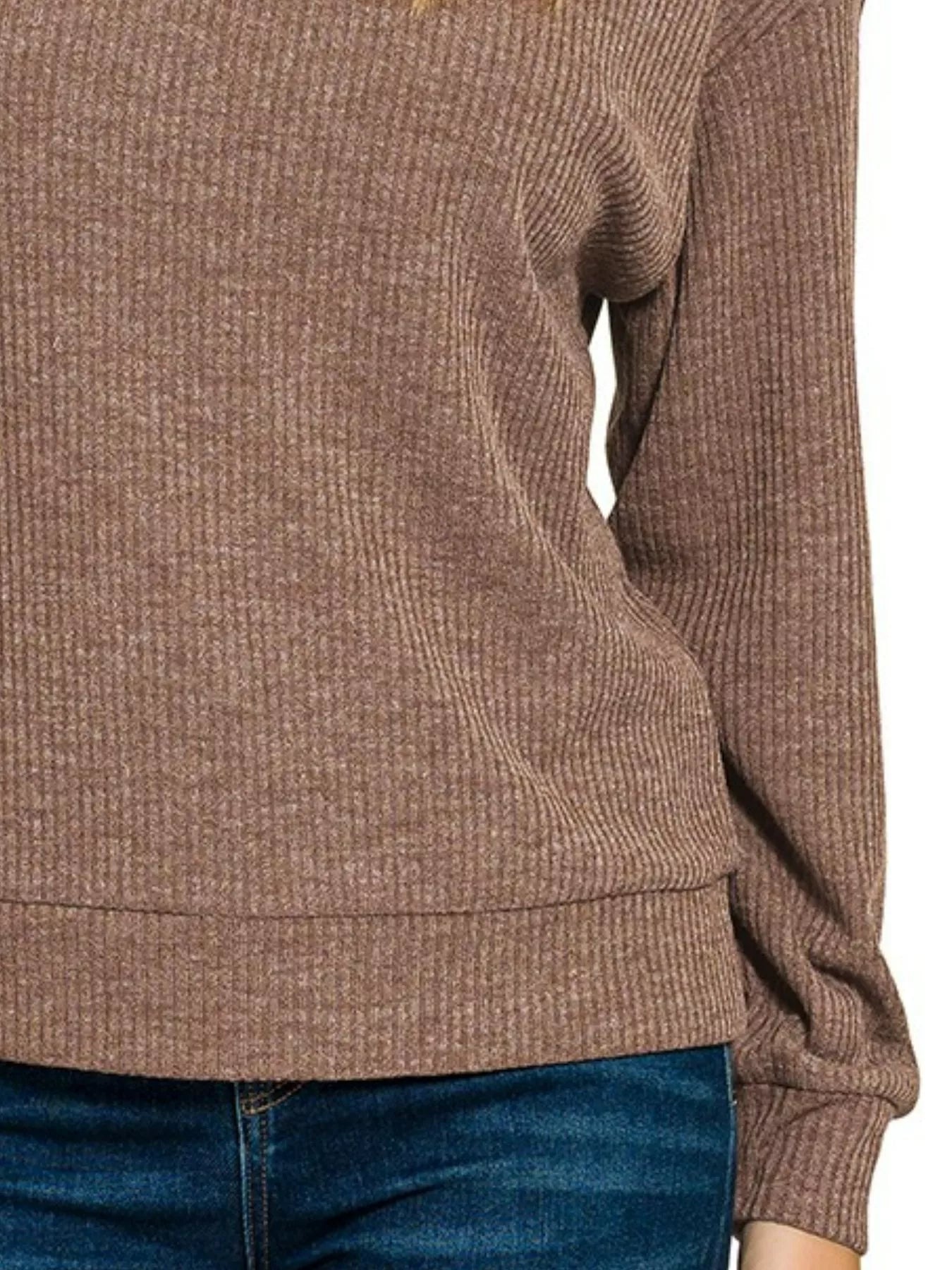 Zenana ribbed long sleeve hoodie in brown, perfect for casual and cozy outfits