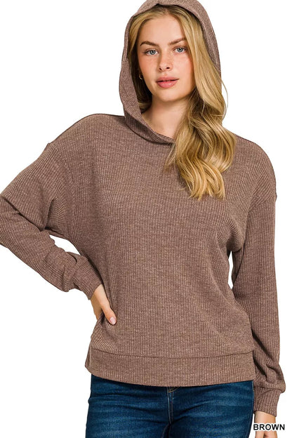 Zenana ribbed long sleeve hoodie in brown with a relaxed fit and cozy hood for casual wear.