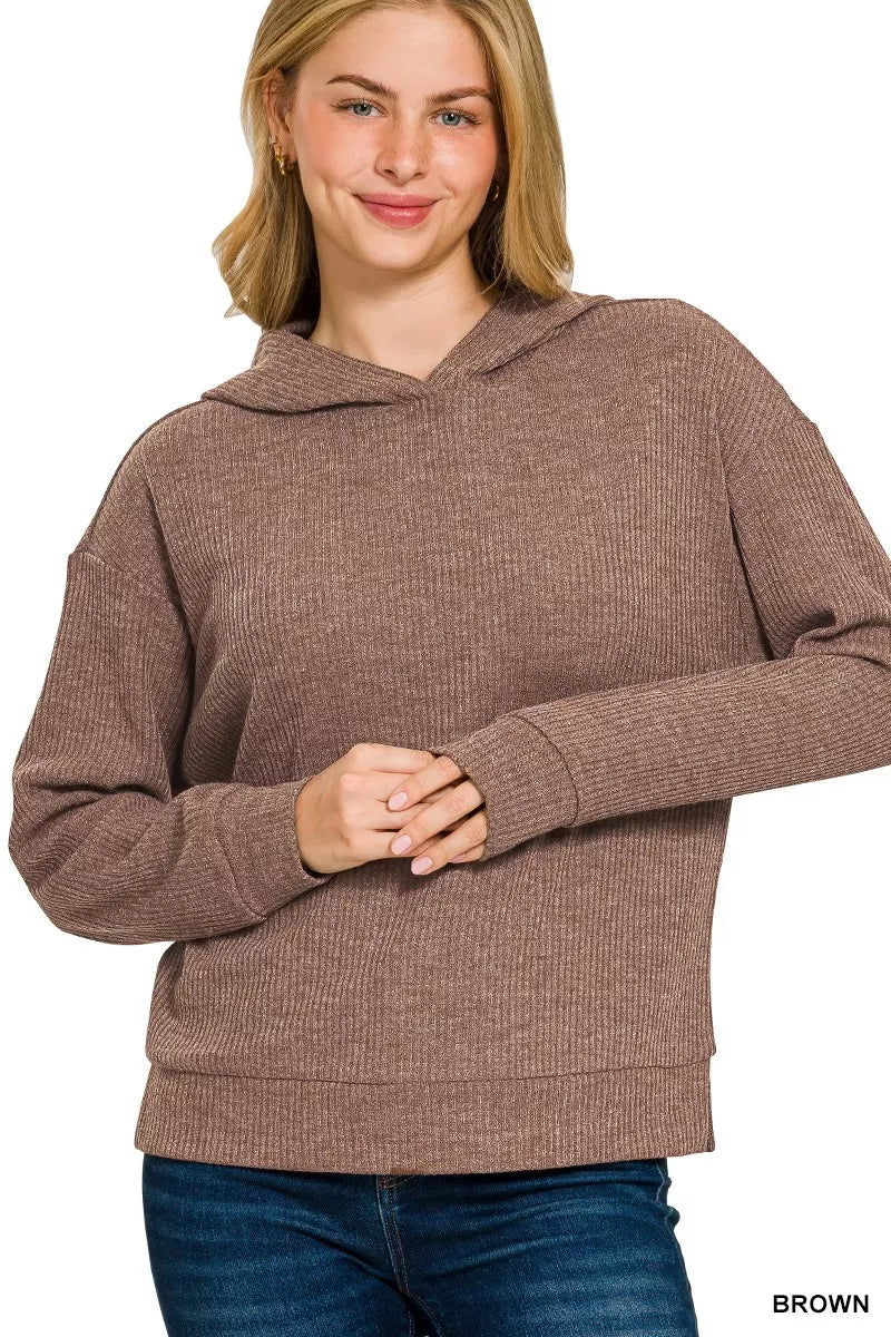 Zenana ribbed long sleeve hoodie in brown with a relaxed fit and stylish design for casual wear
