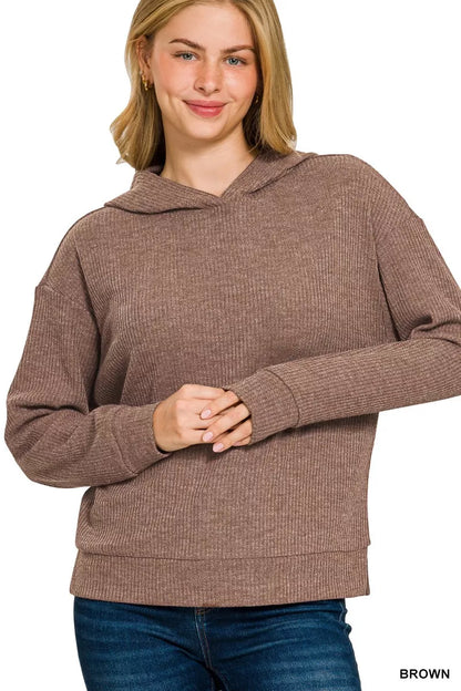 Zenana ribbed long sleeve hoodie in brown with a relaxed fit and stylish design for casual wear