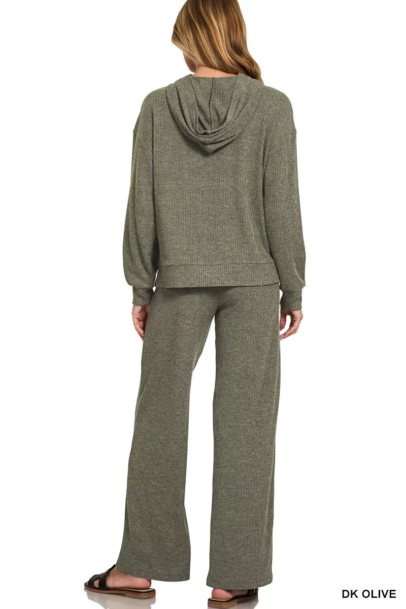 Trendsi Zenana ribbed Long Sleeve hoodie in dark olive for casual comfort and style