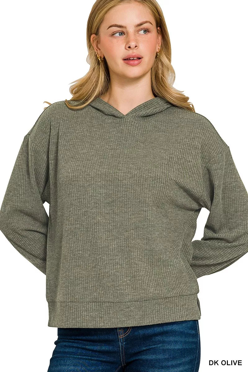 Zenana ribbed Long Sleeve hoodie in dark olive with a relaxed fit and stylish design