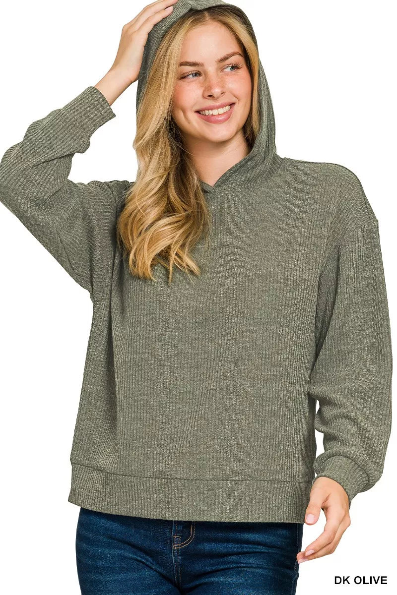 Zenana ribbed Long Sleeve hoodie in dark olive, perfect for casual layering and comfort