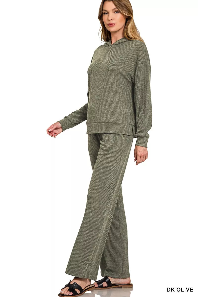 Zenana ribbed Long Sleeve hoodie in dark olive, perfect for casual comfort and style.