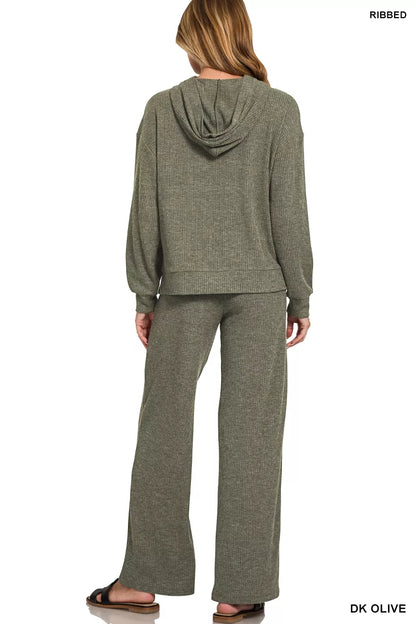 Zenana ribbed lounge pants for women in dark olive with a comfortable fit and relaxed style
