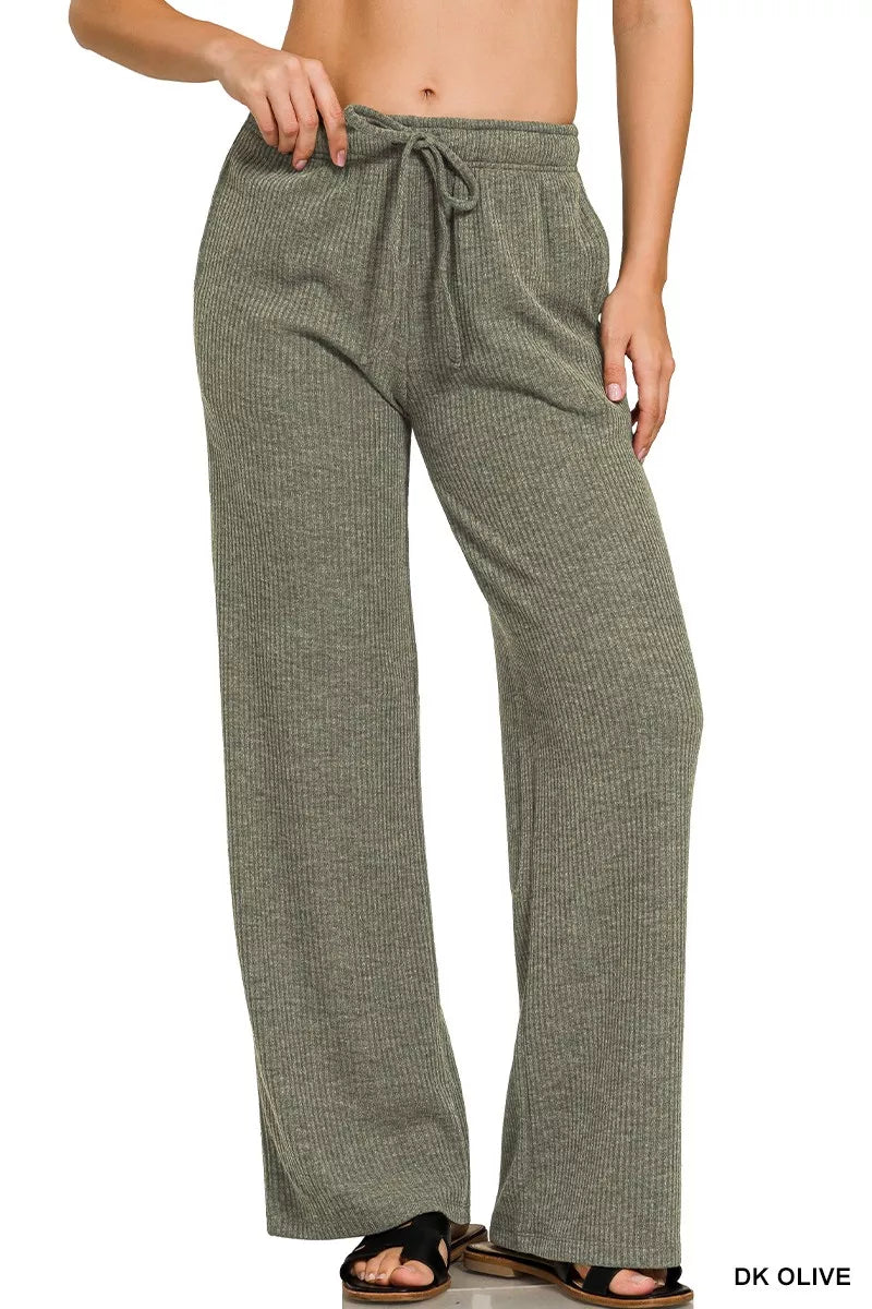 Comfortable Zenana ribbed lounge pants for women in dark olive color with adjustable drawstring waist
