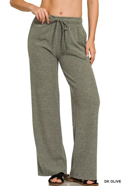 Comfortable Zenana ribbed lounge pants for women in dark olive color with adjustable drawstring waist